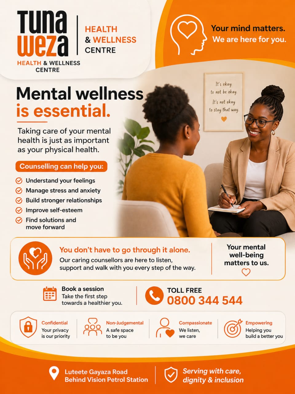 Tunaweza counselling flyer: mental wellness is essential